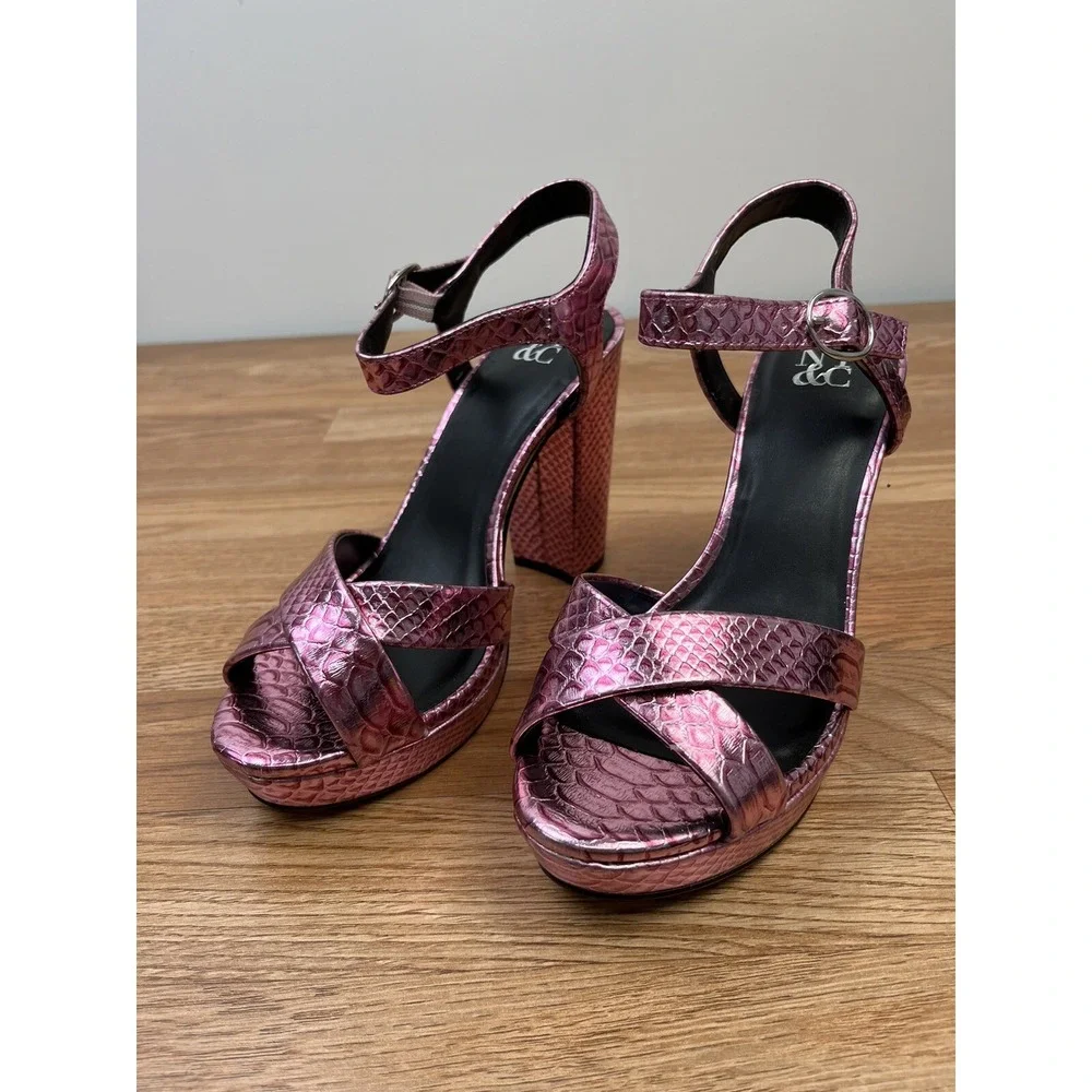 New York & Company Metallic Pink Snakeskin Platform Heels Women's Size‎ 9.5 NEW